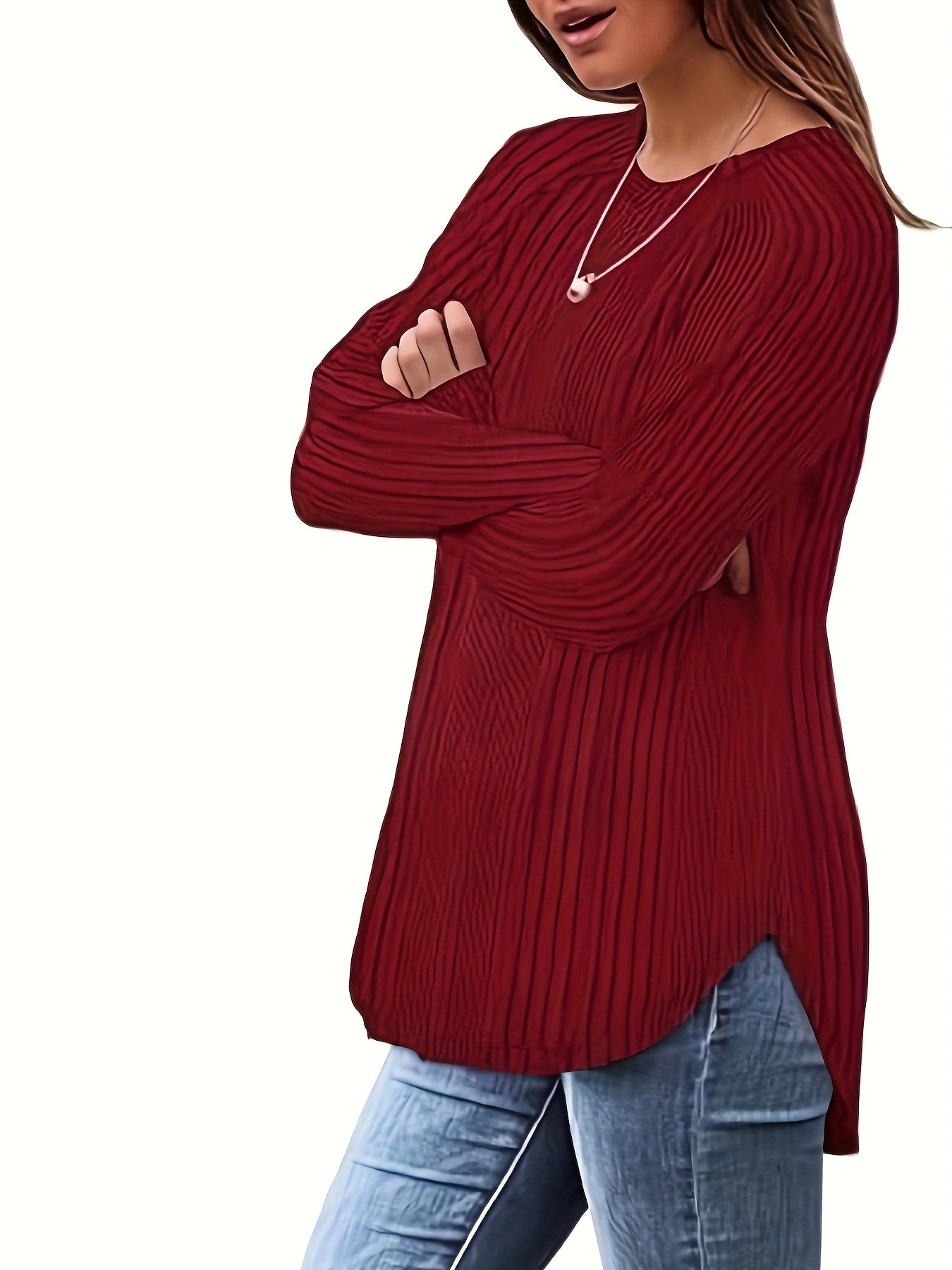 Women's Ribbed Sweater Long Sleeve Round Neck Pullover Solid Color Casual Top
