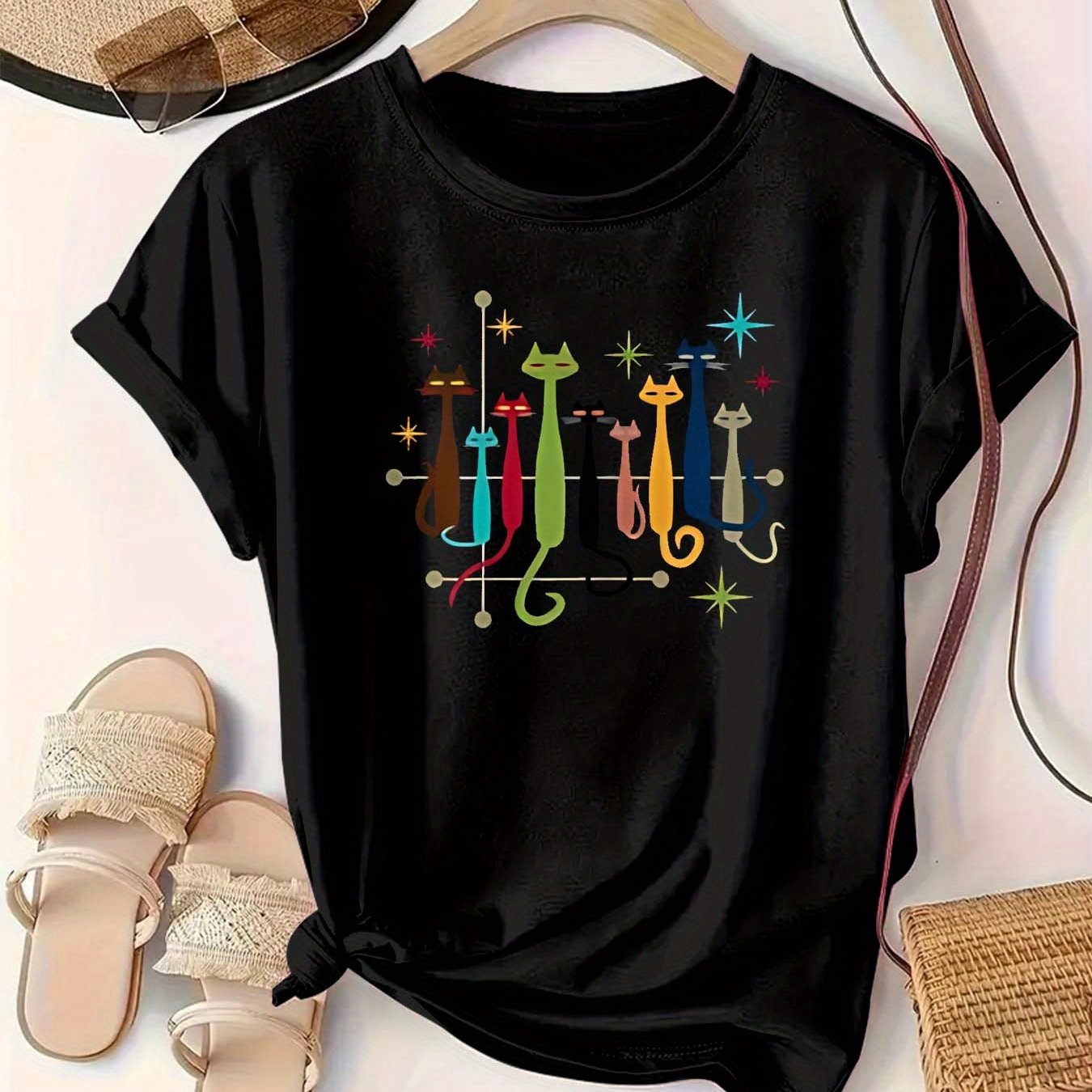 Camiseta casual de poliéster para mujer talla grande con estampado de gato de dibujos animados colorido