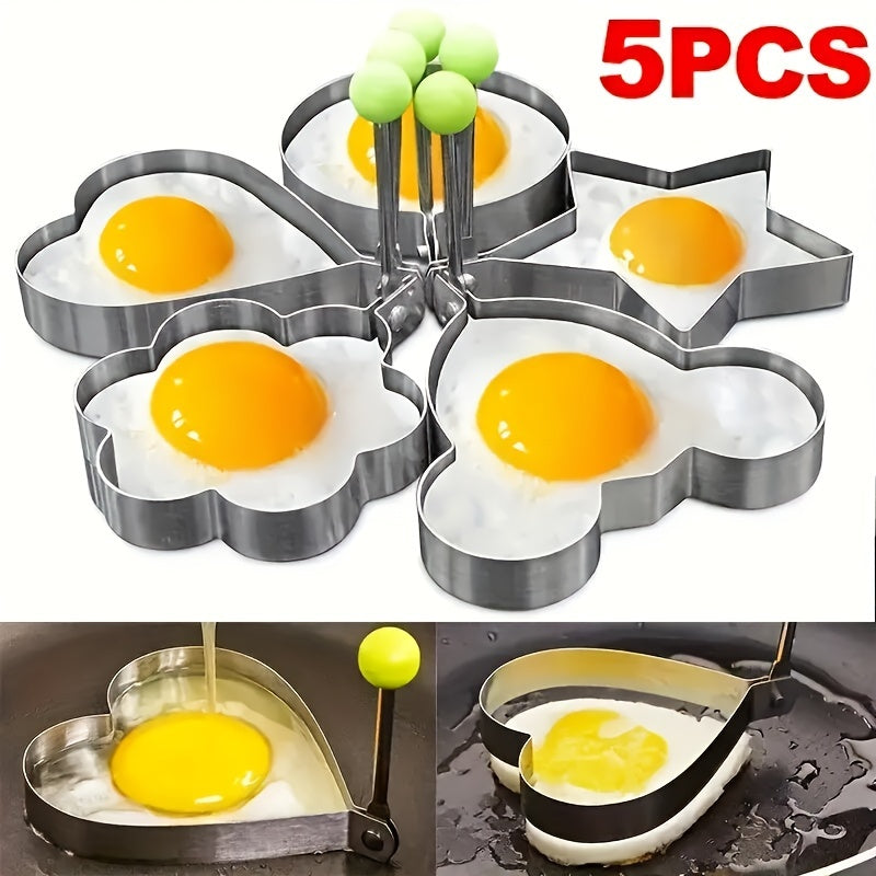 Set of 5 Non-Stick Stainless Steel Egg Molds Heart and Rice Ball Shapes for Breakfasts