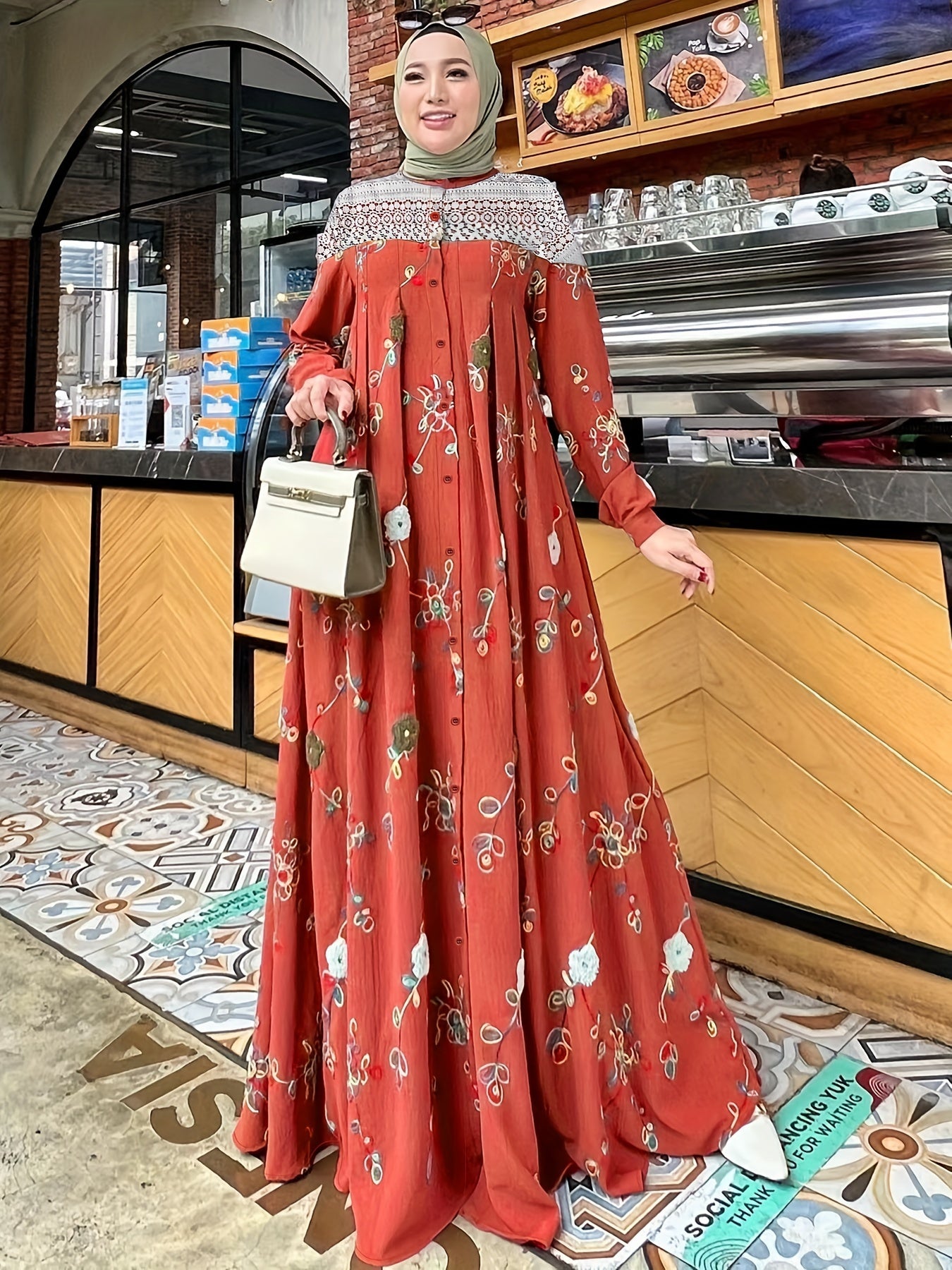 Women's Ramadan Floral Print Kaftan Abaya Casual Long Sleeve Woven Polyester