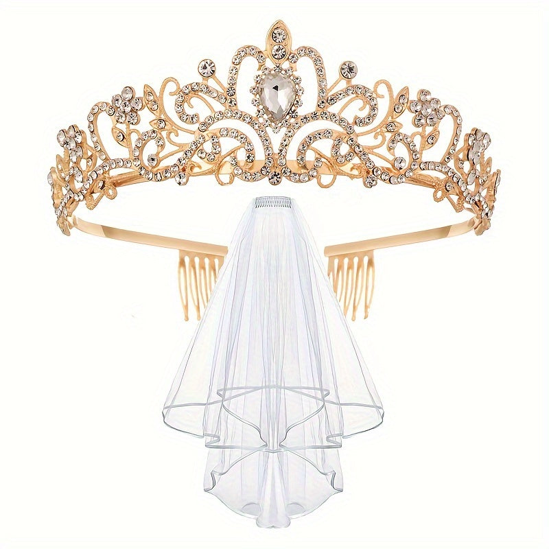 Set of Baroque Style Wedding Accessories with Rhinestone Crown, Shoulder Strap, Belt, Veil, and Jewelry