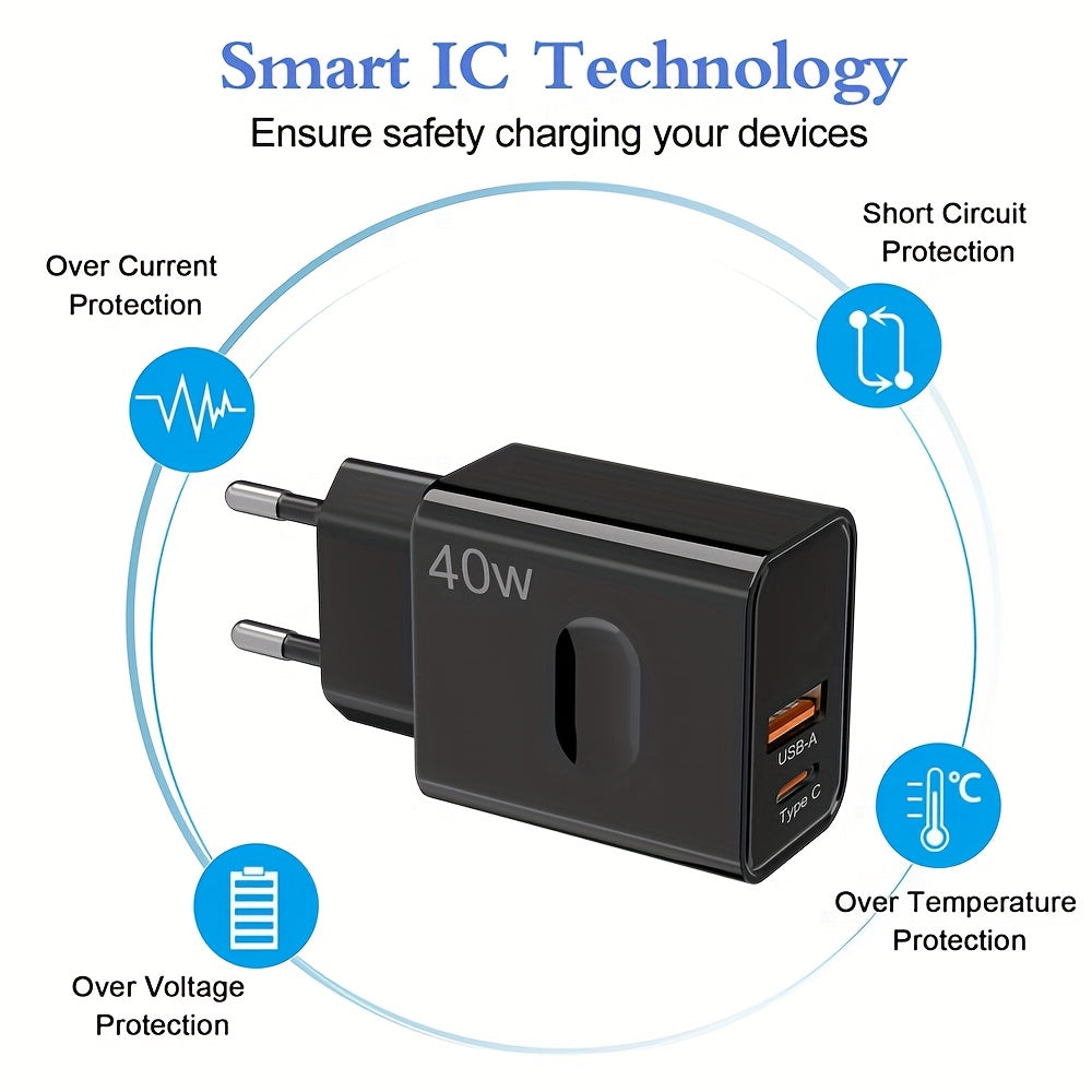 Ikki portli 40W tez zaryadlovchi, 1 dona 100.58 sm 25W type C kabel bilan, iPhone, iPad, Samsung, Android smartfonlar, planshetlar va boshqalar bilan mos keladi. (Qora)