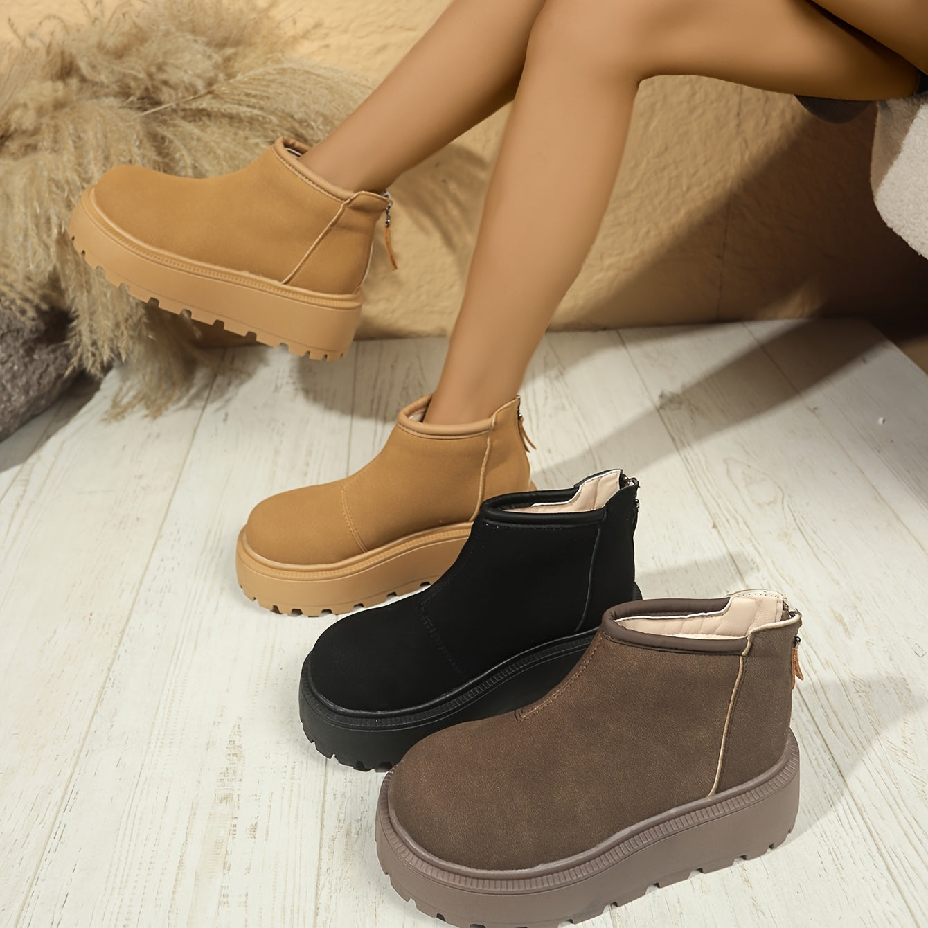 Women's Fleece-Lined Winter Boots Casual Round Toe Side Zipper Beige Black Brown