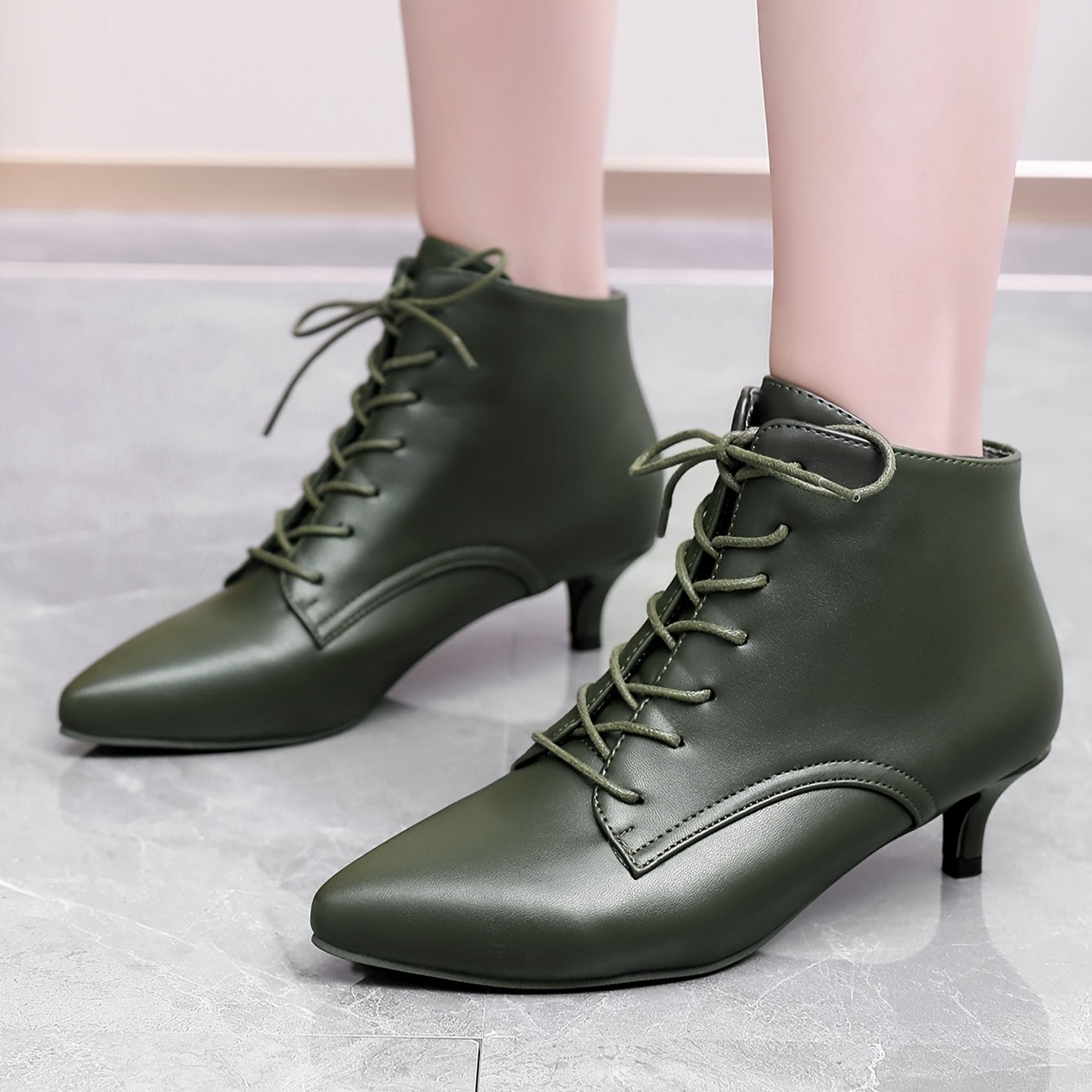 Women's White Pointed Toe Mid-Heel Ankle Boots Lace-Up Faux Cover Rubber Sole