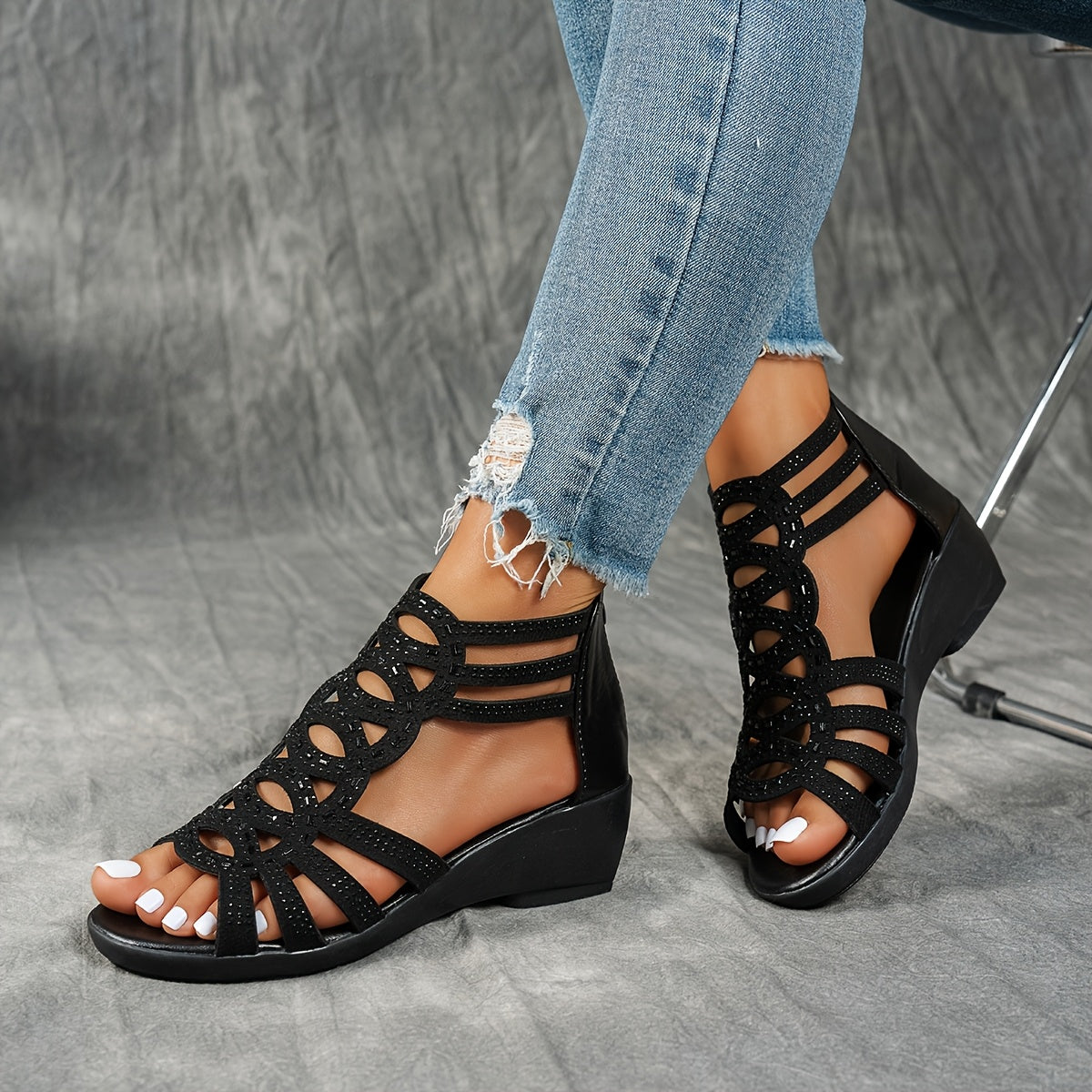 Women's Rhinestone Embellished Open-Toe Ankle Strap Sandals in Black or Beige