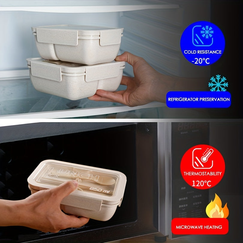 Izolyatsiyalangan tushlik qutisi to'plami, stol uchun idishlar bilan, ofis va maktab uchun kvadrat bo'lingan bug'doy simi Bento qutisi