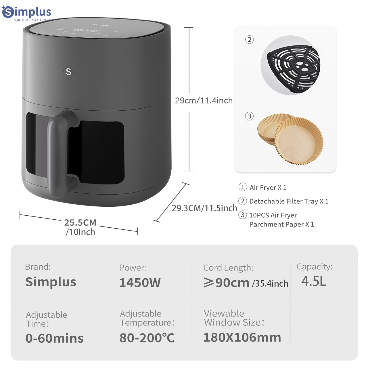 4.5L Havo Fryer LCD Touch Screen 1450W 8 tayyorlash rejimi 360° issiq havo aylanishi