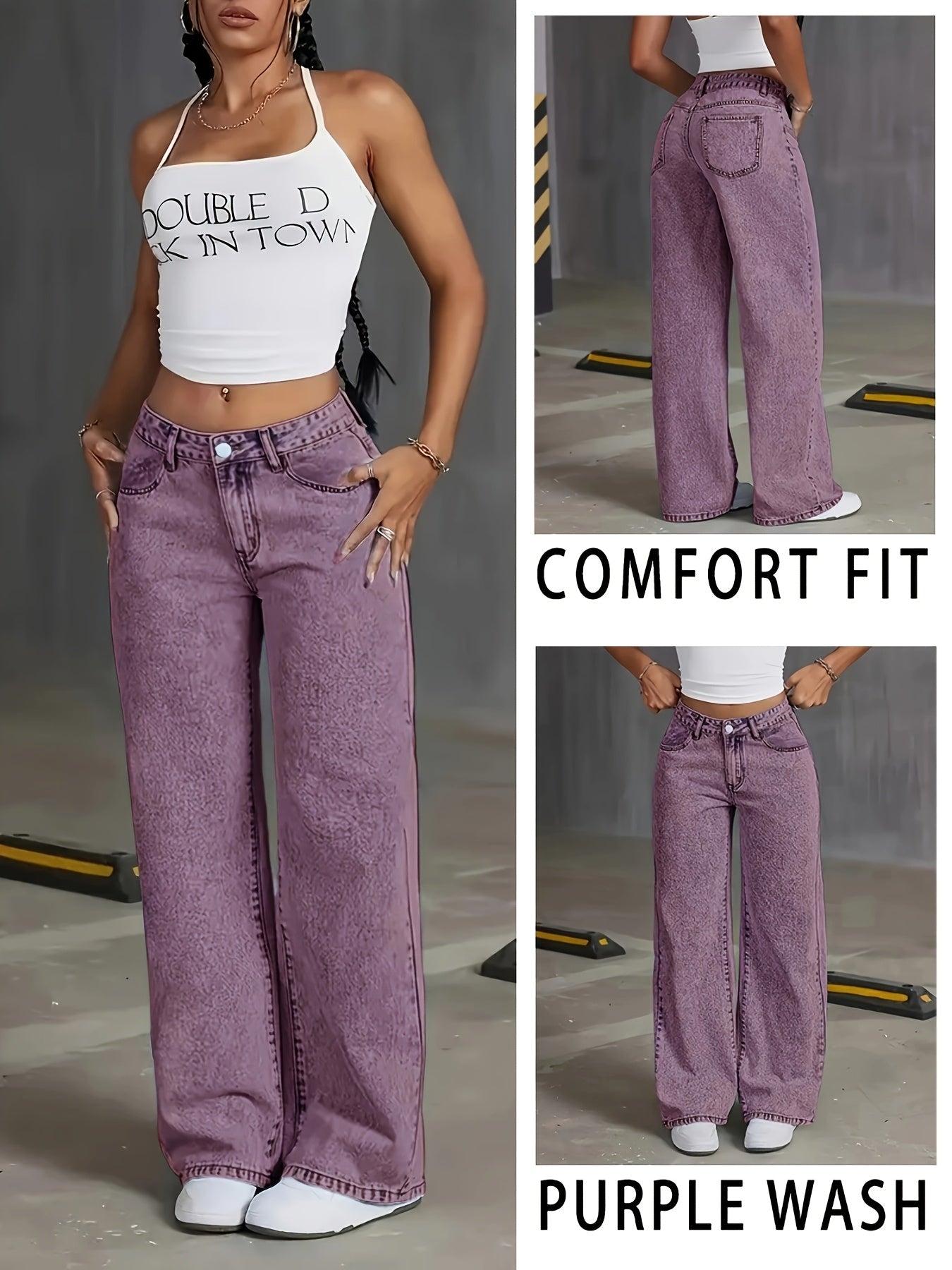 Jeans de mezclilla elástica de talla grande para mujer, de tiro alto y pierna recta, color morado