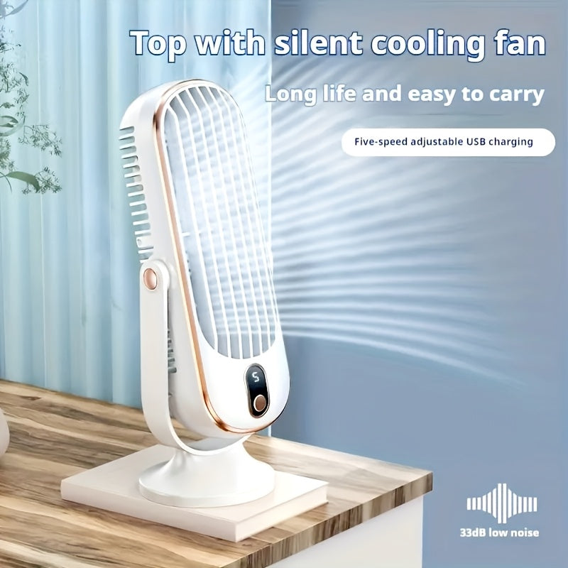 Portable Mini Fan with Digital Display, 5-Speed, USB Rechargeable for Travel and Office