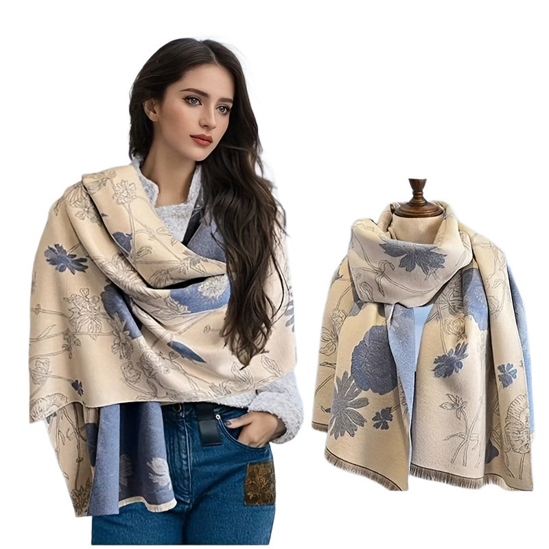 Women’s Warm Imitation Cashmere Scarf with Plant Print for Winter