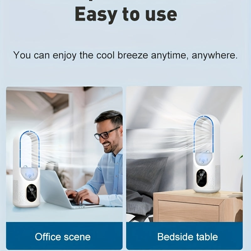Bladeless Desk Fan with LED Display USB Rechargeable Touch Control Quiet Office Bedroom Travel