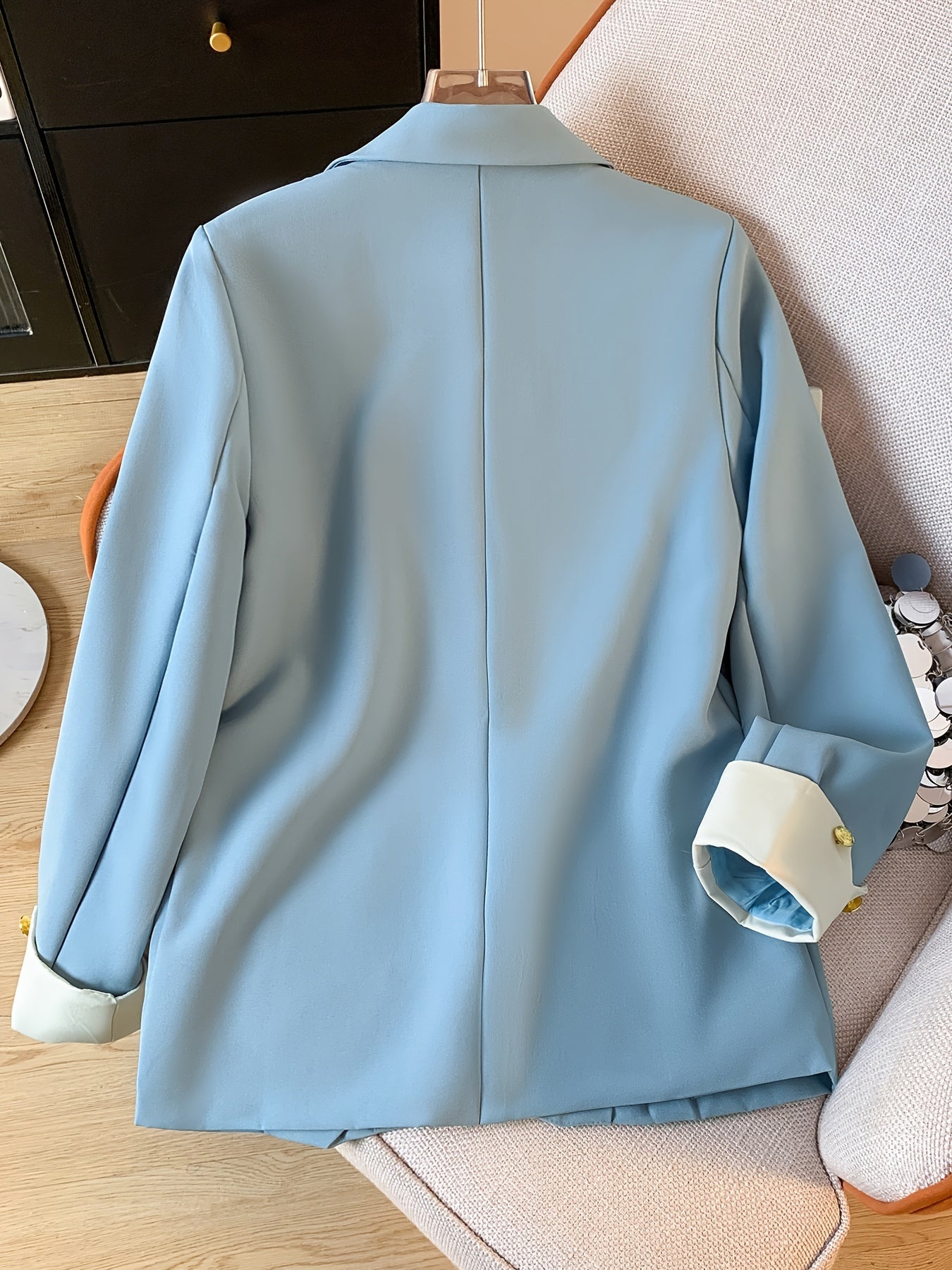 Women's Light Blue Polyester Blazer with Gold Button Details for Spring and Fall