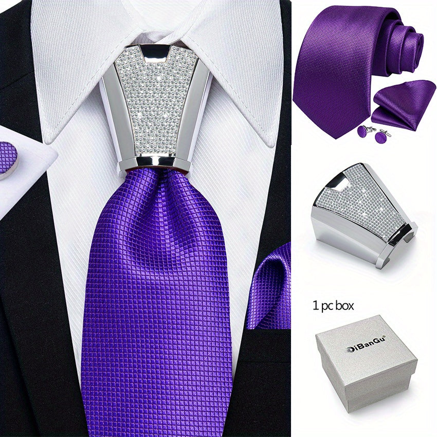 Men's Business Accessory Set with Silver Ring Cufflinks and Handkerchief