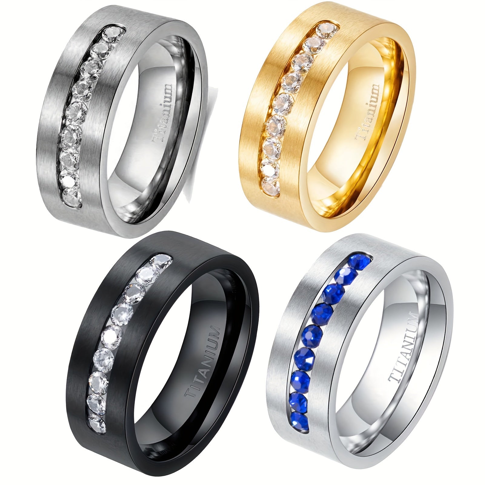 Matte Yellow Gold Round AAA CZ Titanium Steel Men's Wedding Ring 8mm