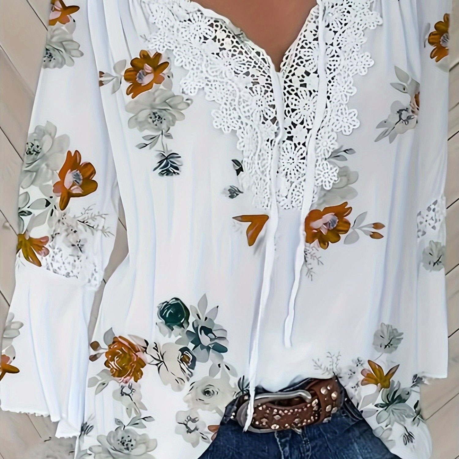 Plus Size Floral Print Blouse Lace Ruffle Neck Casual Top