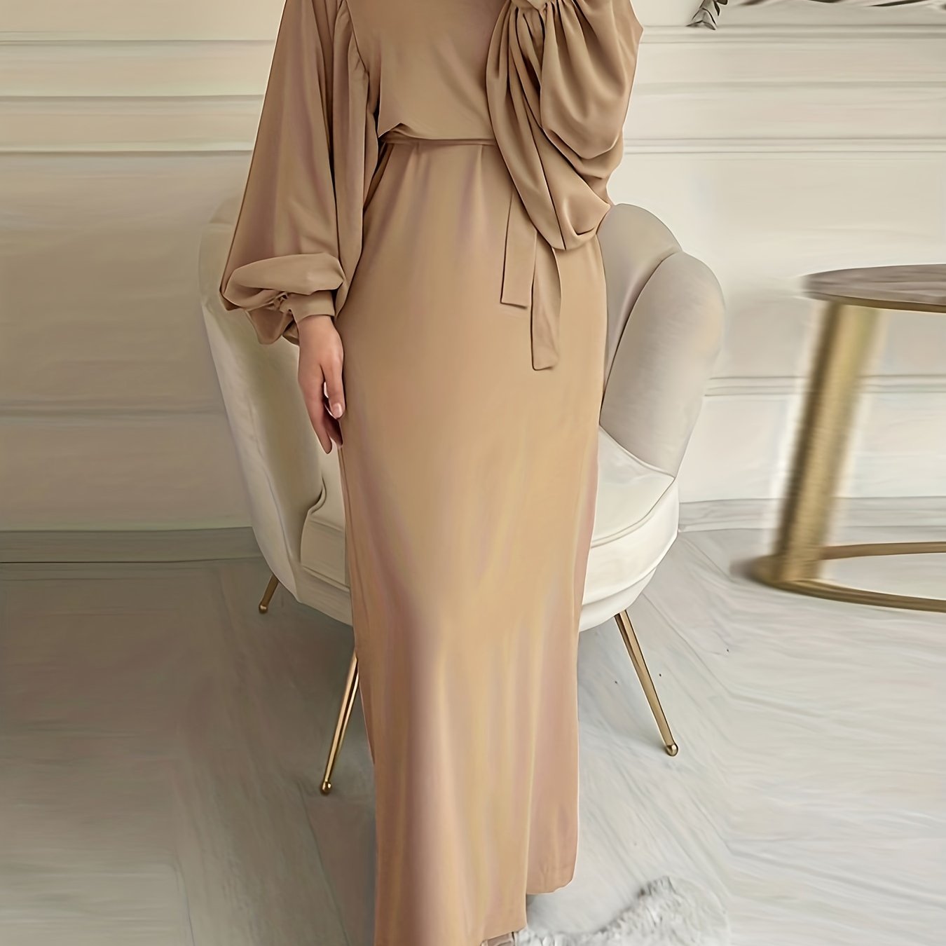 Maxi Abaya Dress with Solid Color Tie Waist Lantern Sleeves for Women