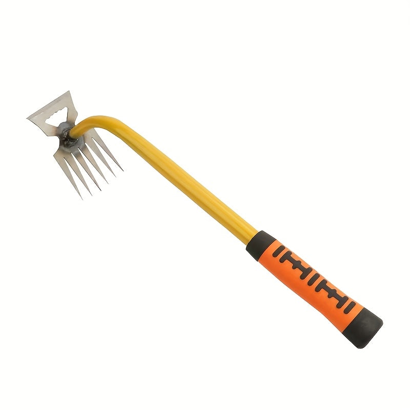 Rastrillo de maleza de acero al manganeso duradero con mango ergonómico amarillo y naranja para jardinería