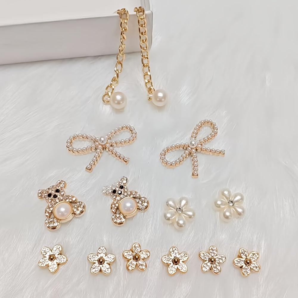 Unisex Pearl and Crystal Shoe Charm Set Detachable Accessories for Sandals