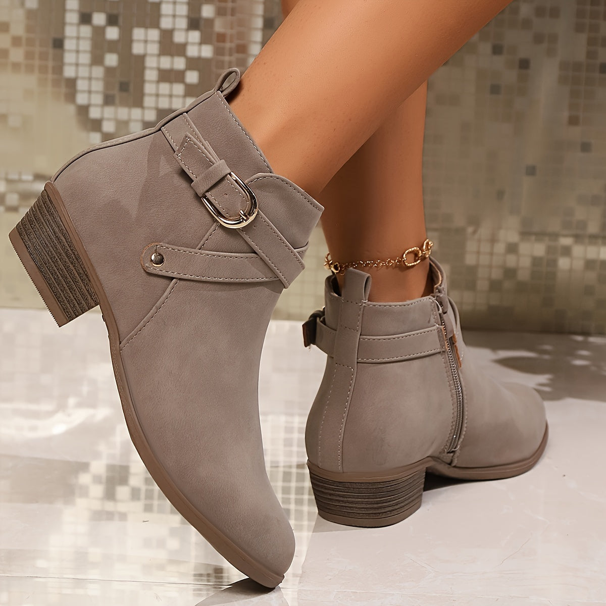 Women's Gray Ankle Boots with Buckle Straps Pointed Toe Chunky Heel