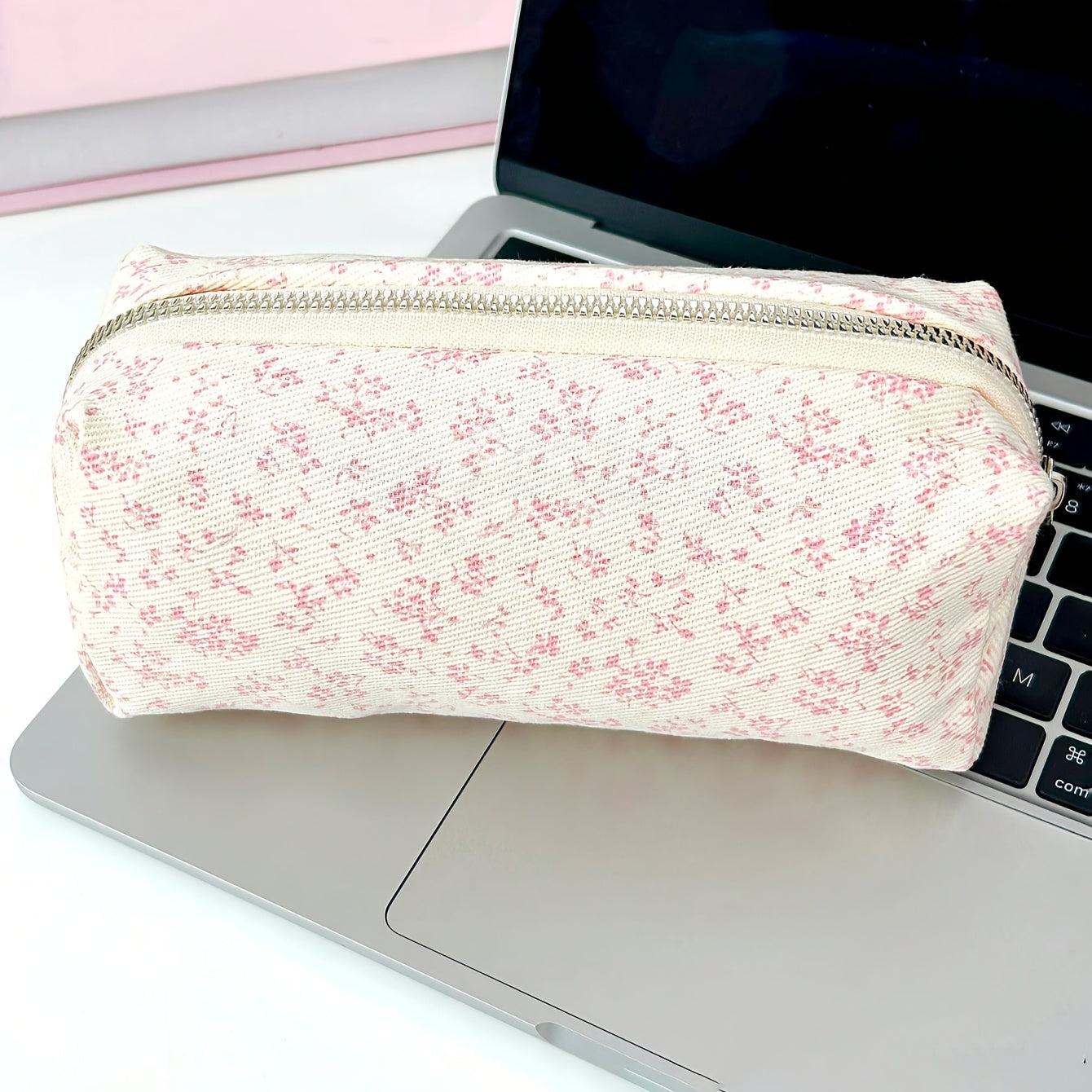 Canvas Floral Print Pencil Case with Zipper for Students and Office Organization