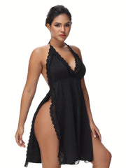 Женские кружевные пижамы без спинки с разрезом на бедре, с V-образным вырезом, домашний костюм из спандекс-ткани