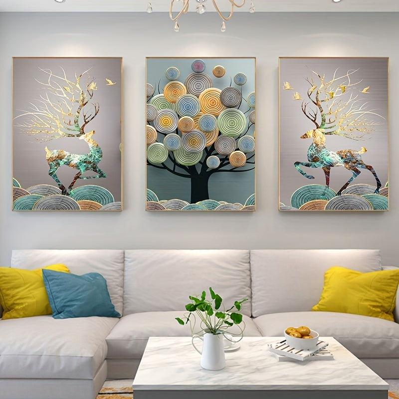 Frameless Canvas Wall Art Set of 3 Chinese Feng Shui Tree Portrait Decor for Living Room 15.7x23.6 Inches
