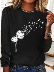 Plus Size Long Sleeve Crew Neck T-Shirt Polyester Knit Geometric Dandelion Bird Pattern
