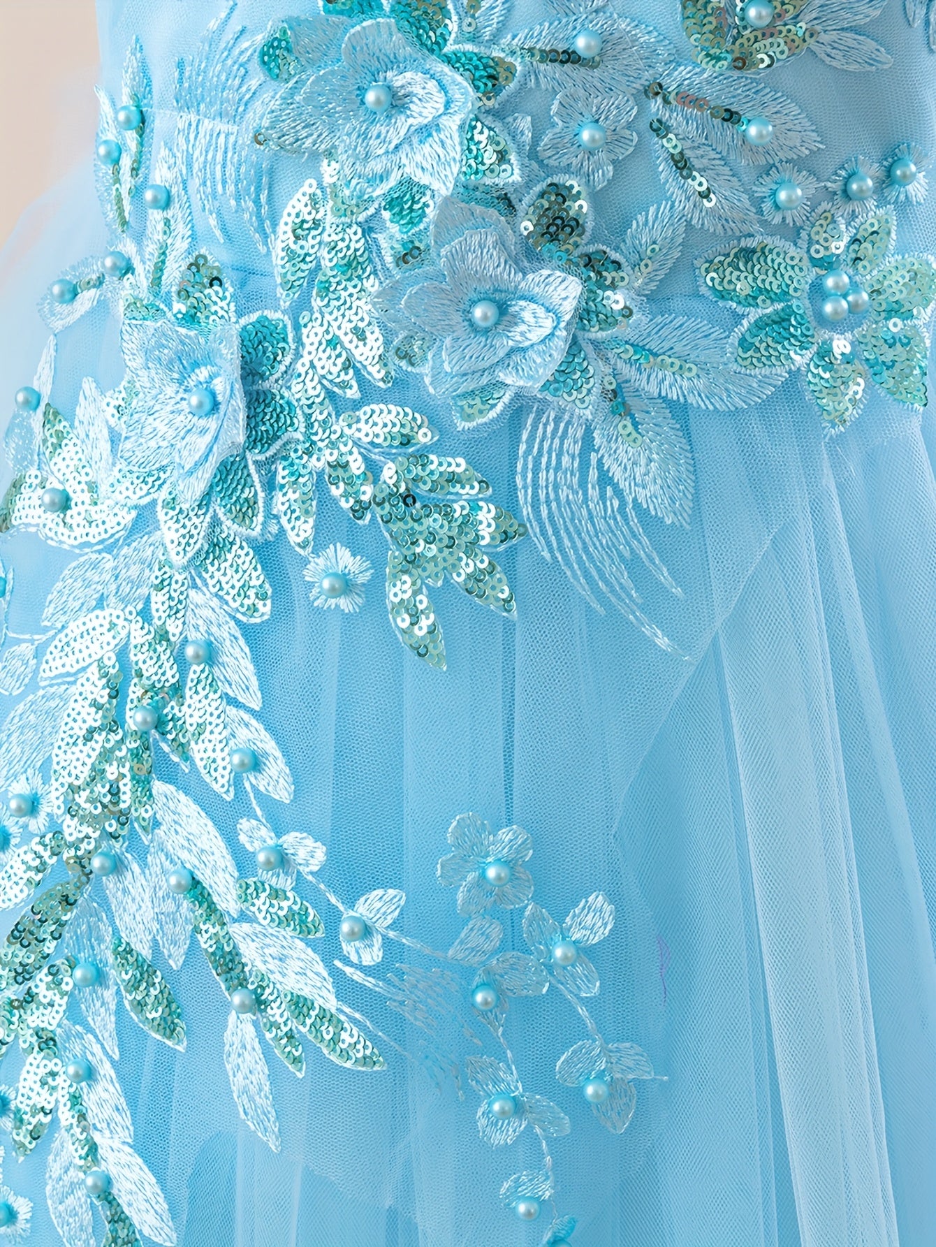 Girls' Long Embroidered Off-Shoulder Princess Dress with Pearl Tassels for Weddings and Parties