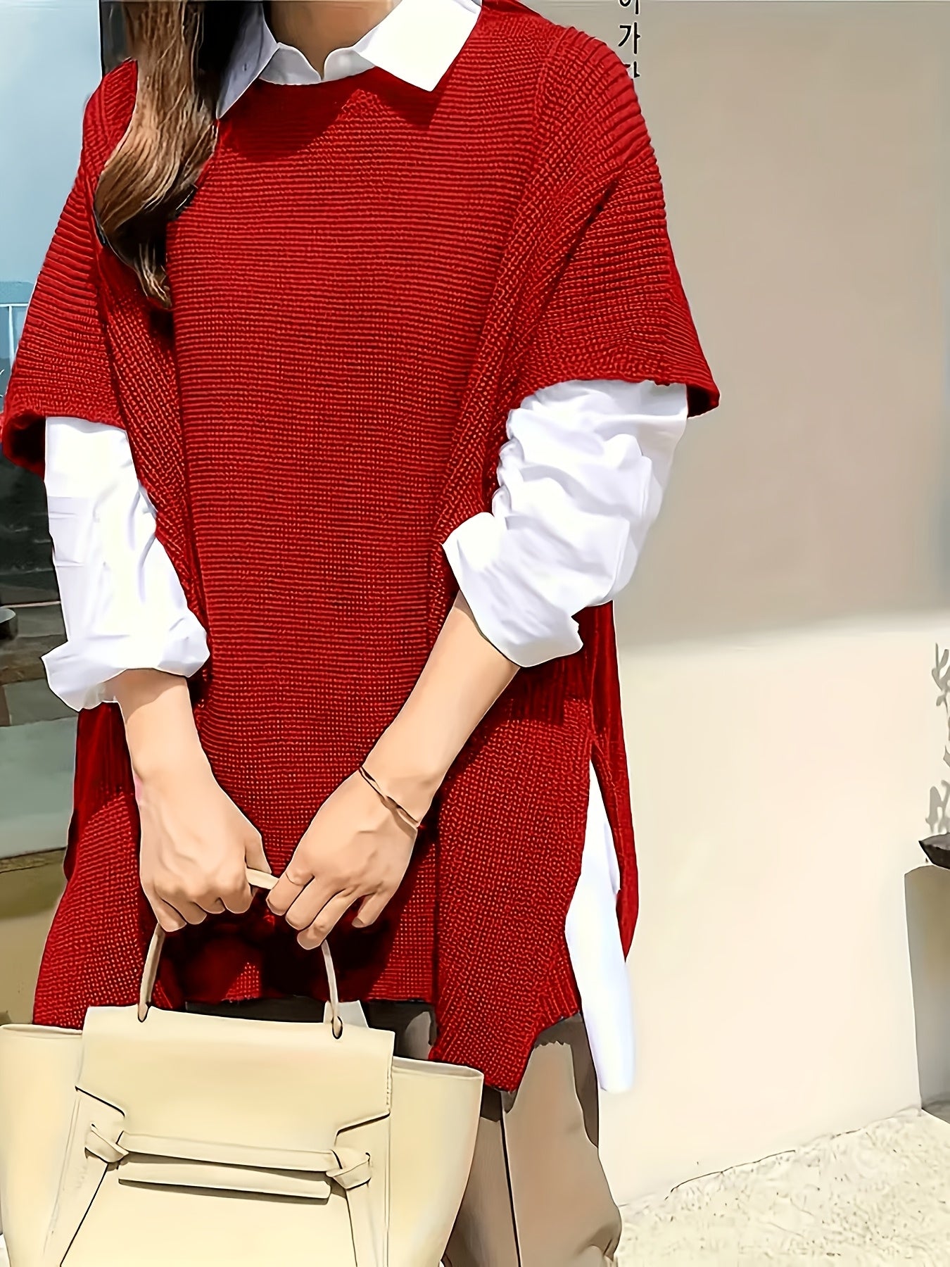Plus Size Solid Split Hem Crew Neck Sweater for Women Fall Winter Polyester