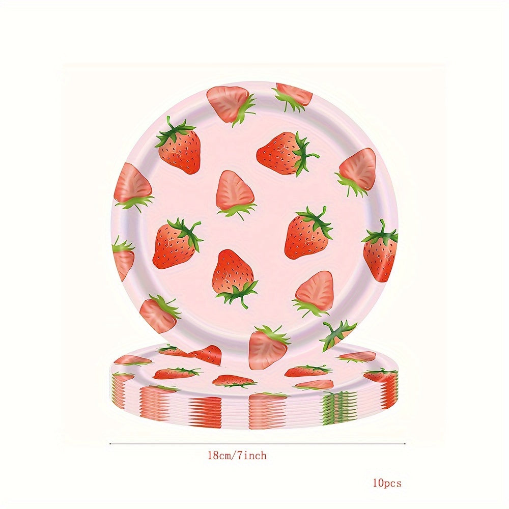 10-Donali qulupnay partiyasi uchun taqdimotlar to'plami, qog'oz plitalar, stakanlar, salfetkalar, tug'ilgan kunlar va yozgi bayramlar uchun