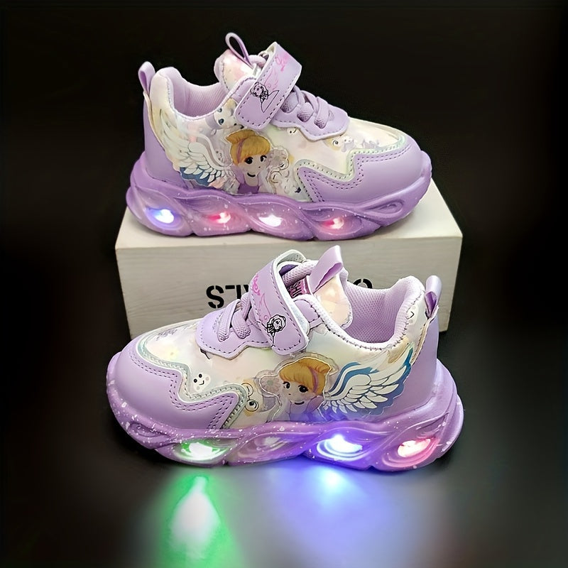 Girls' Glow-in-the-Dark Princess Sneakers with LED Lights, Lightweight, Pink and Purple