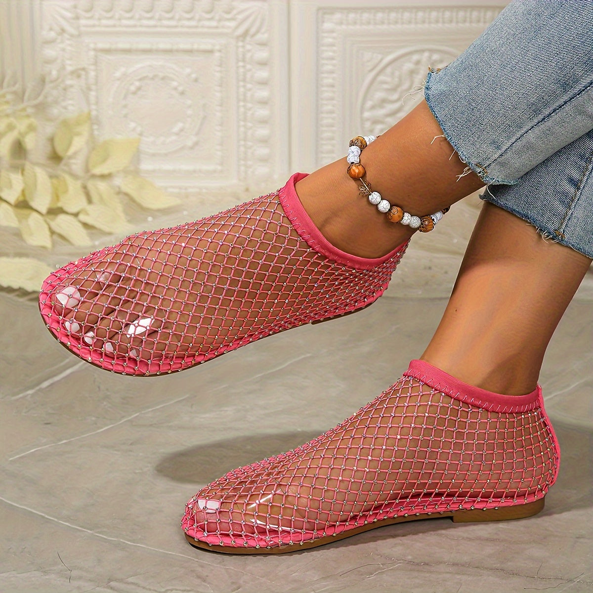 Women's Mesh Rhinestone Flat Sandals with Elastic Band and Cut-Out Design