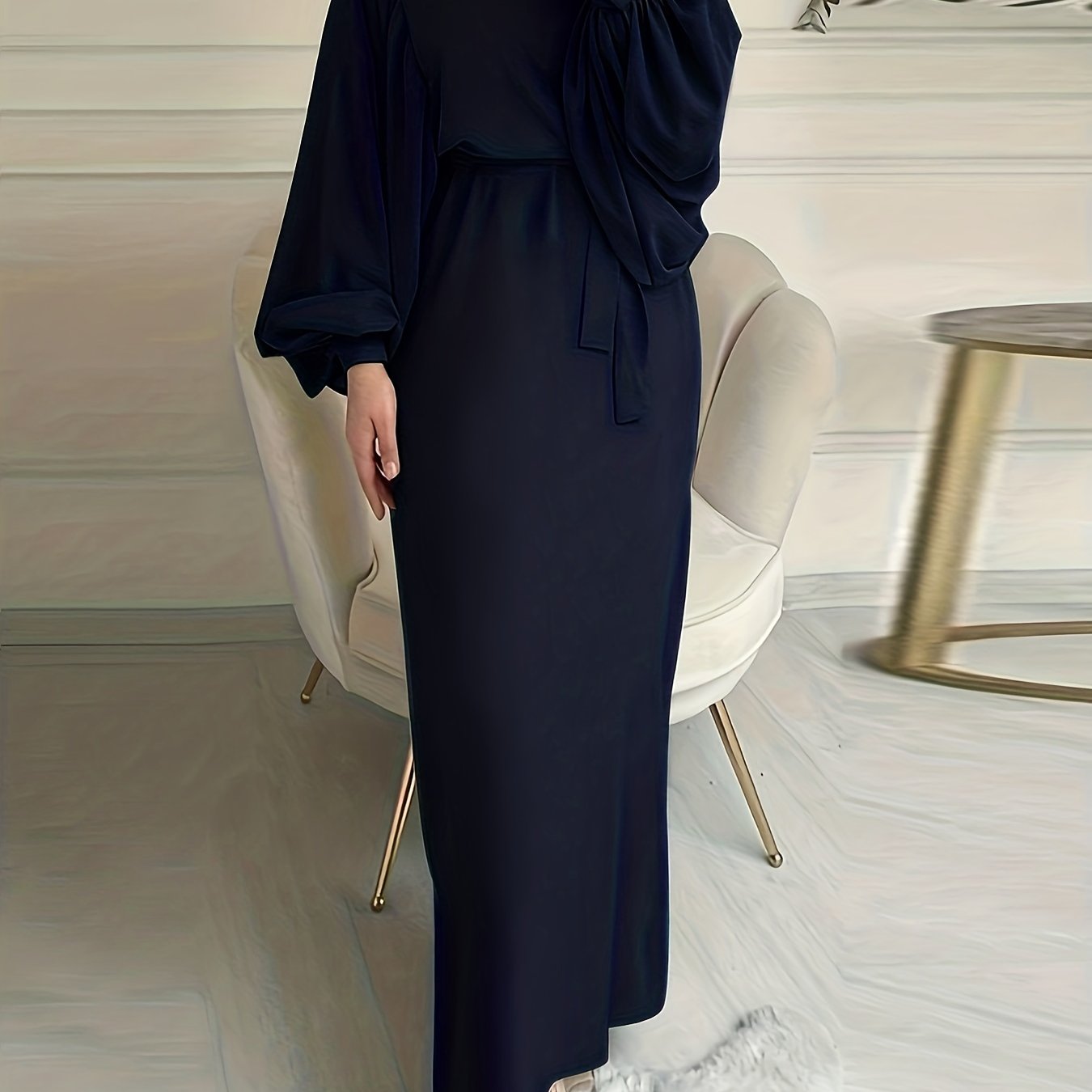 Maxi Abaya Dress with Solid Color Tie Waist Lantern Sleeves for Women