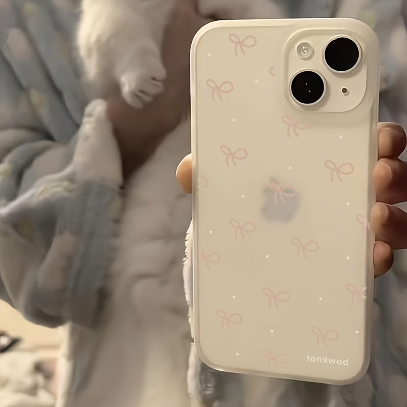 Pink Frosted TPU Phone Case for iPhone 16 Pro Max 15 14 13 12 11 with Bow and Anti-Fall Protection
