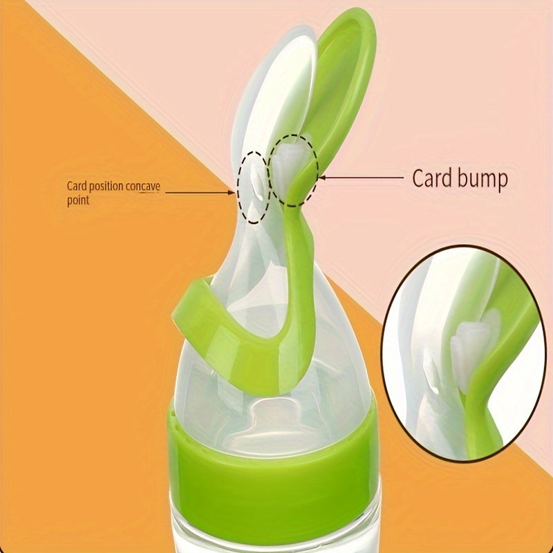 Bolsita de silicona para comida infantil con cuchara exprimible, acentos en amarillo y azul