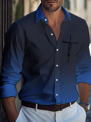 Men's Plus-Size Ombre Casual Shirt with 3D Alphabet Print and Lapel Collar