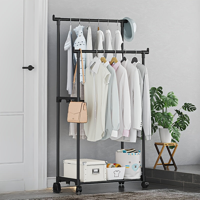 White Metal Clothes Rack with Shoe and Hat Storage, Dual-Pole, Mobile Coat Organizer