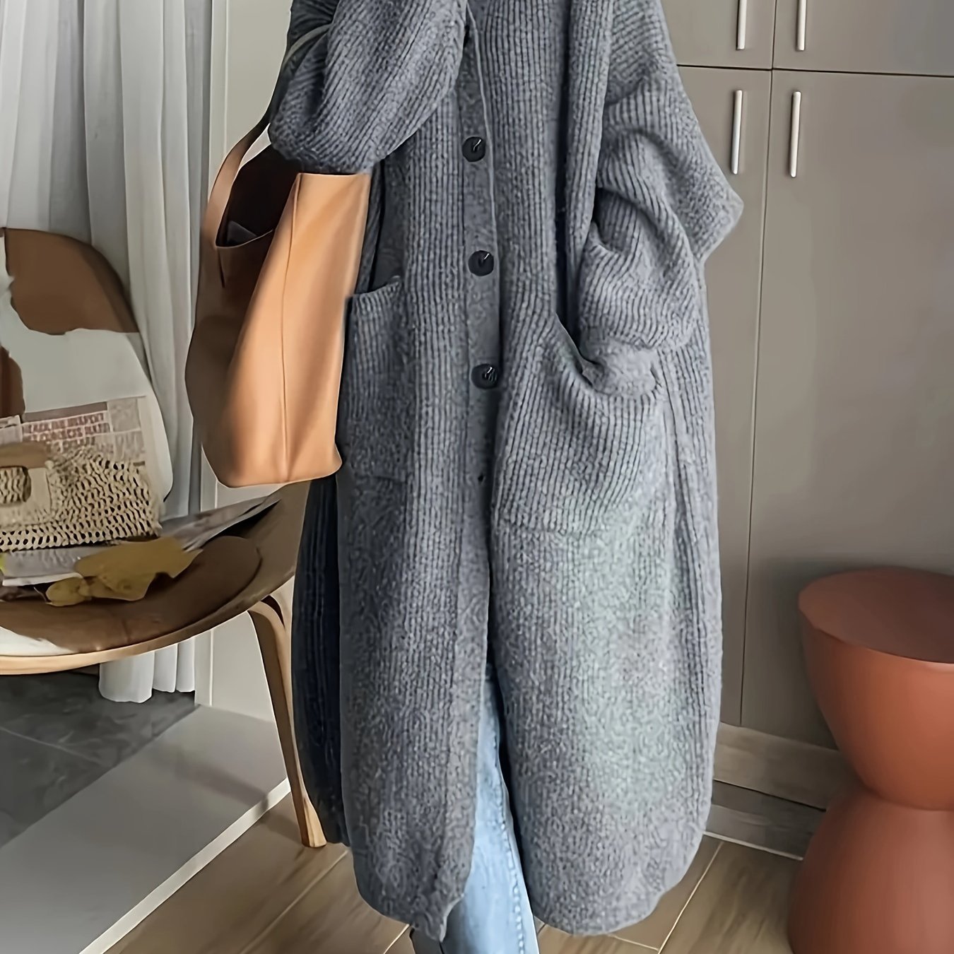 Suéter de punto de talla grande para mujer con manga larga, abertura frontal y bolsillos, otoño e invierno