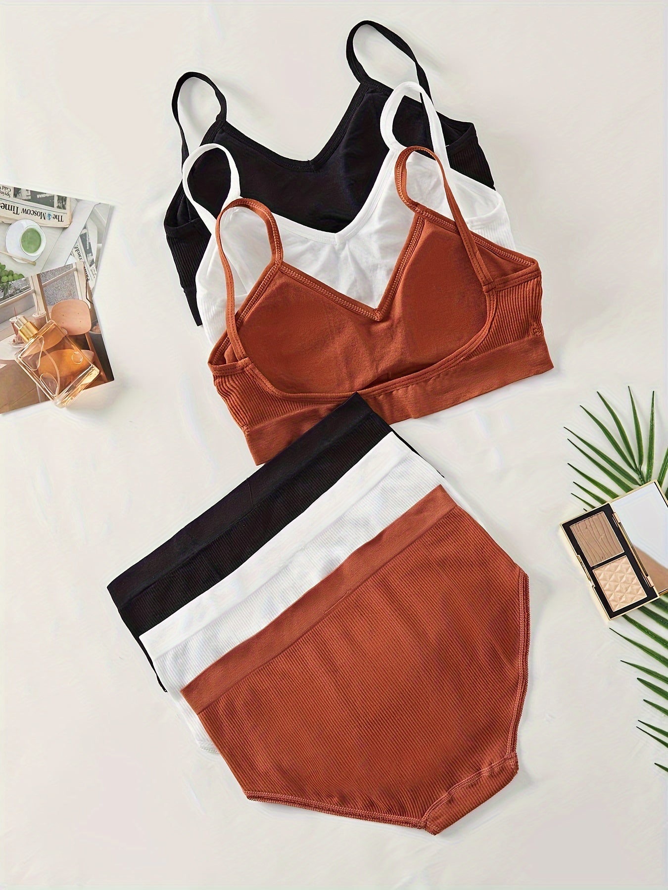 Women's Ribbed Lingerie Set Cami Bra and Panties Three Piece