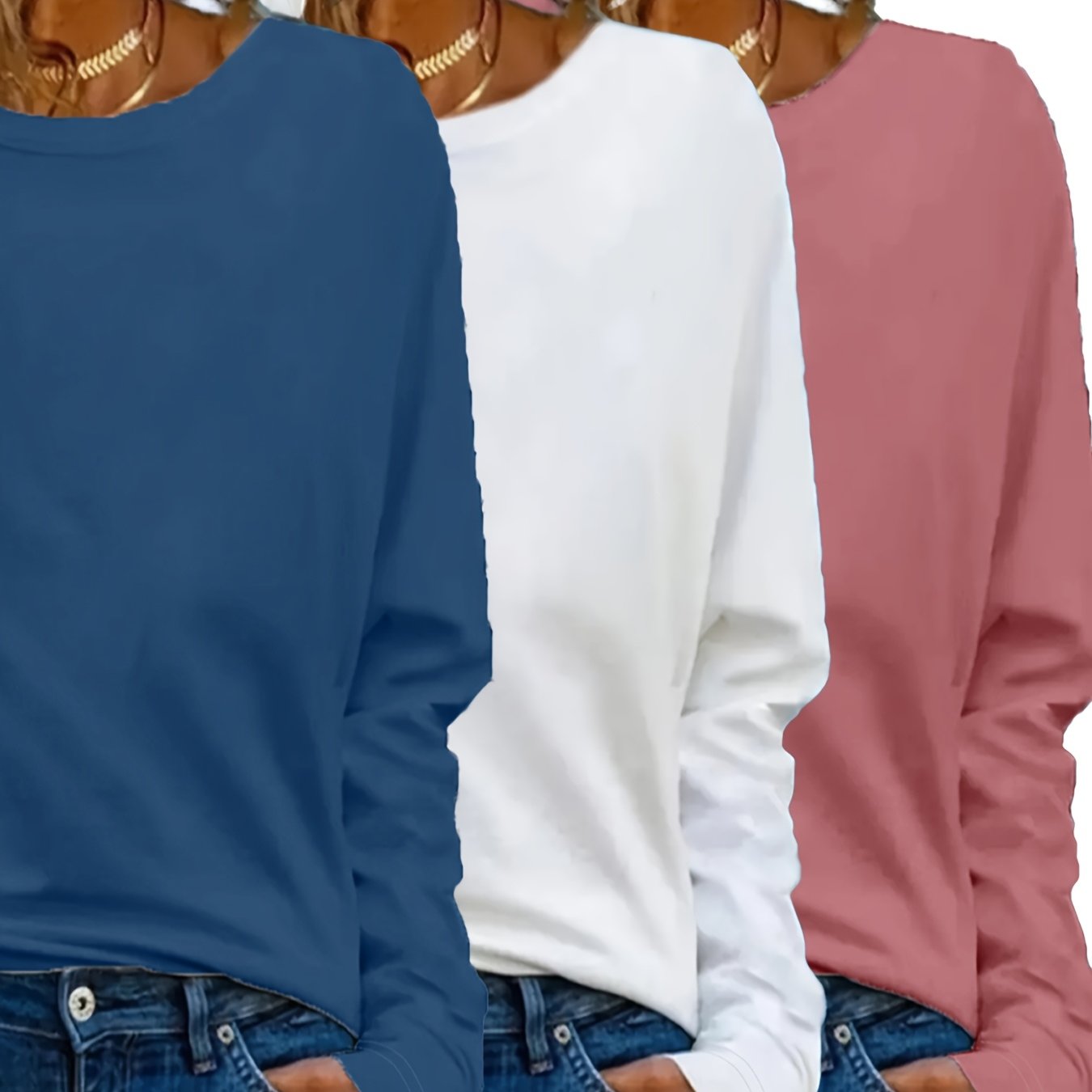 Женские повседневные блузки с длинным рукавом и круглым вырезом, упаковка из 3 штук, черные, белые, розовые, удобные однотонные блузки