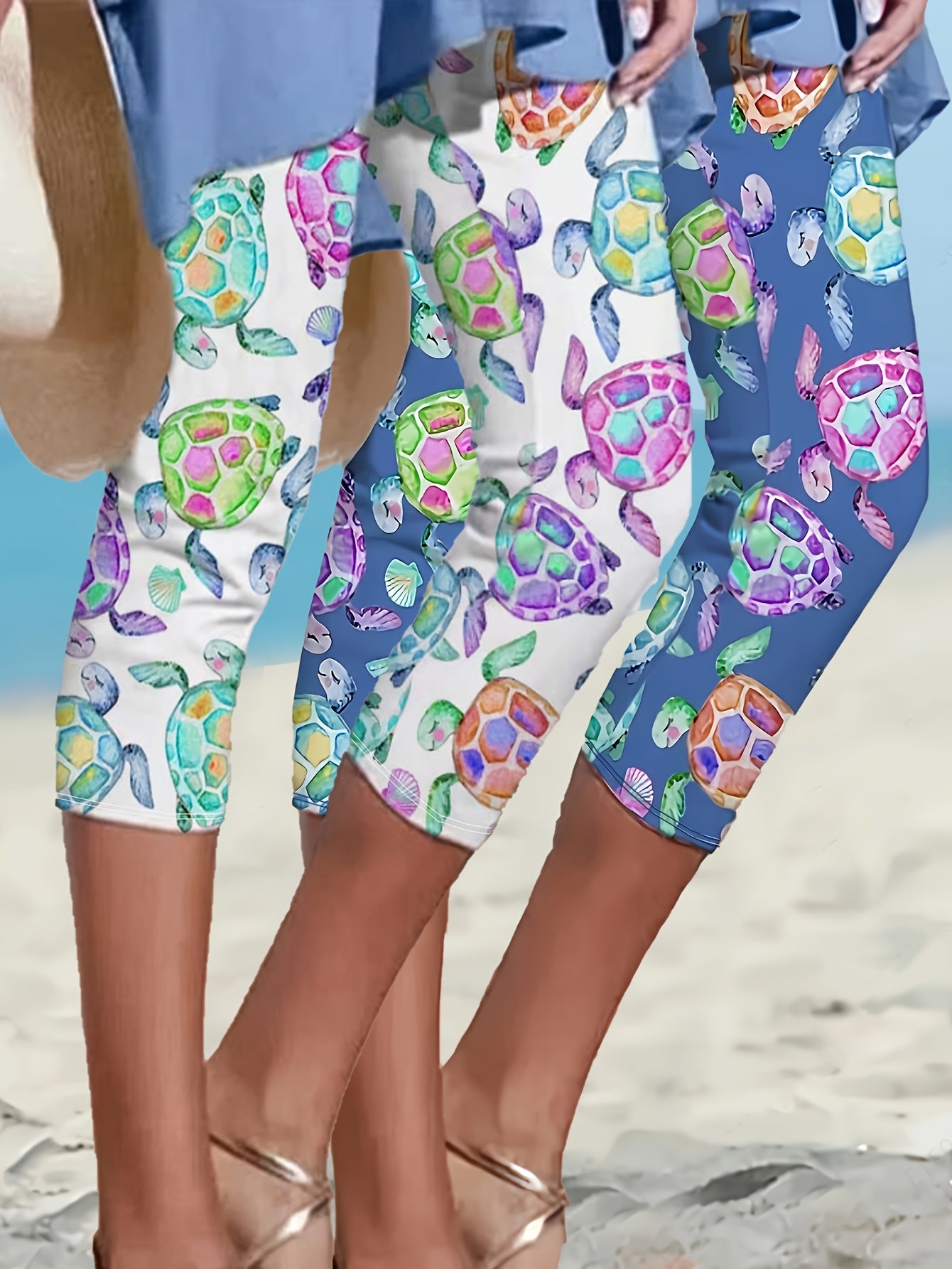 Women's Plus Size Turtle Print Fitted Capri Pants Set of 2