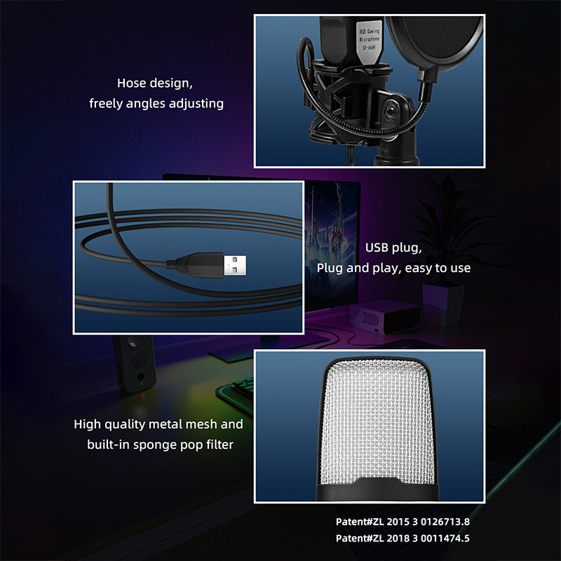 USB Condenser Microphone with Mute Button Tripod RGB Light Shock Mount for Gaming Streaming Podcasting on PC PS4 PS5