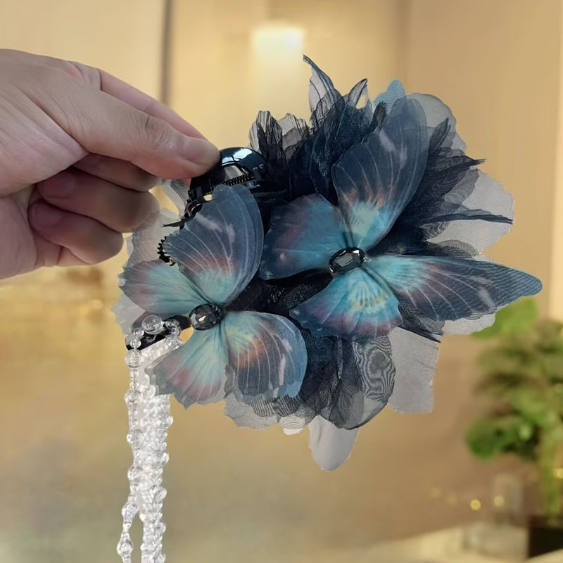 Stylish Blue and White Butterfly Tassel Hair Claw Boho Oversized Shark Clip