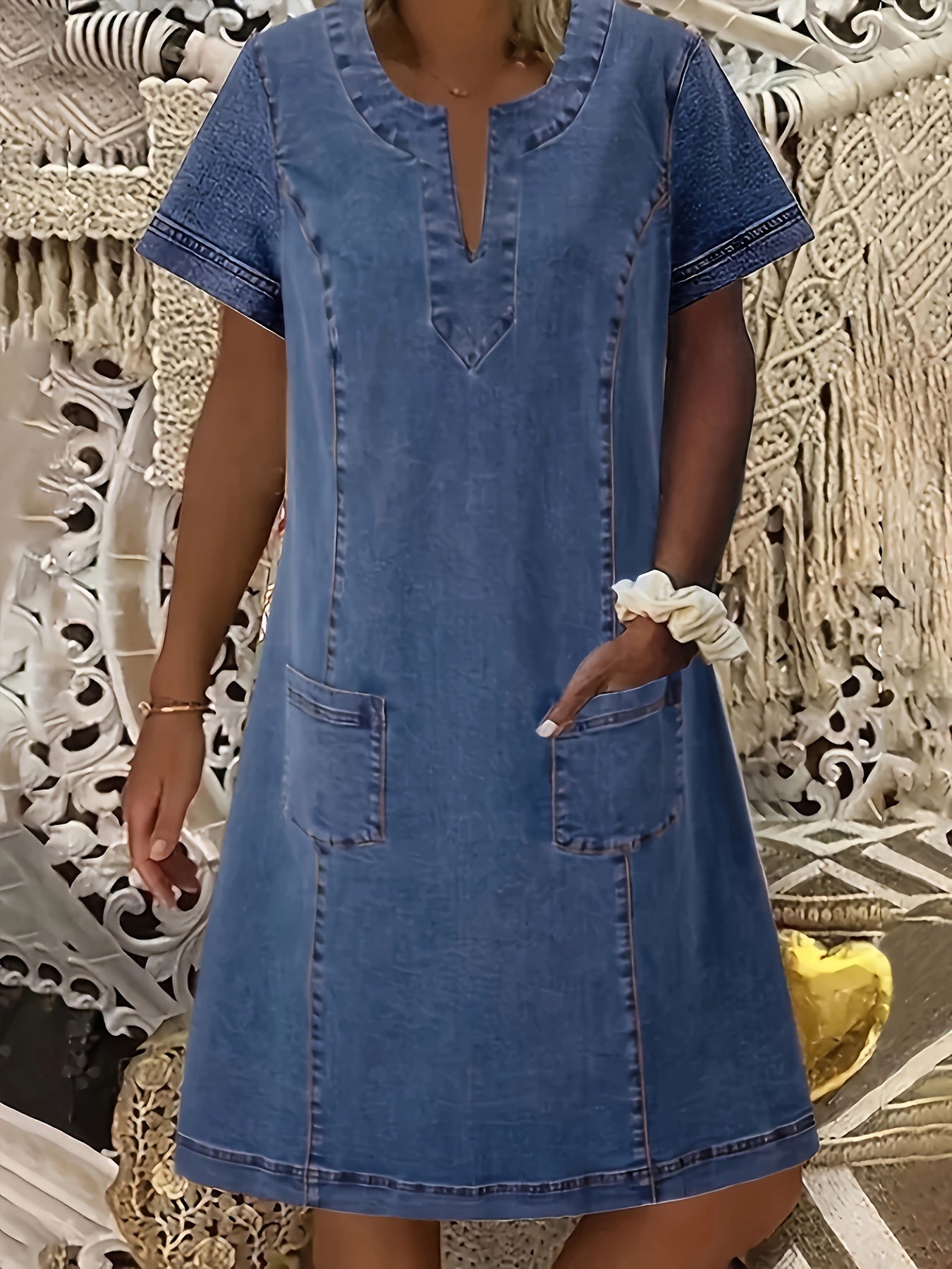 Women's Plus Size Denim Dress V-Neck Short Sleeve Solid Color