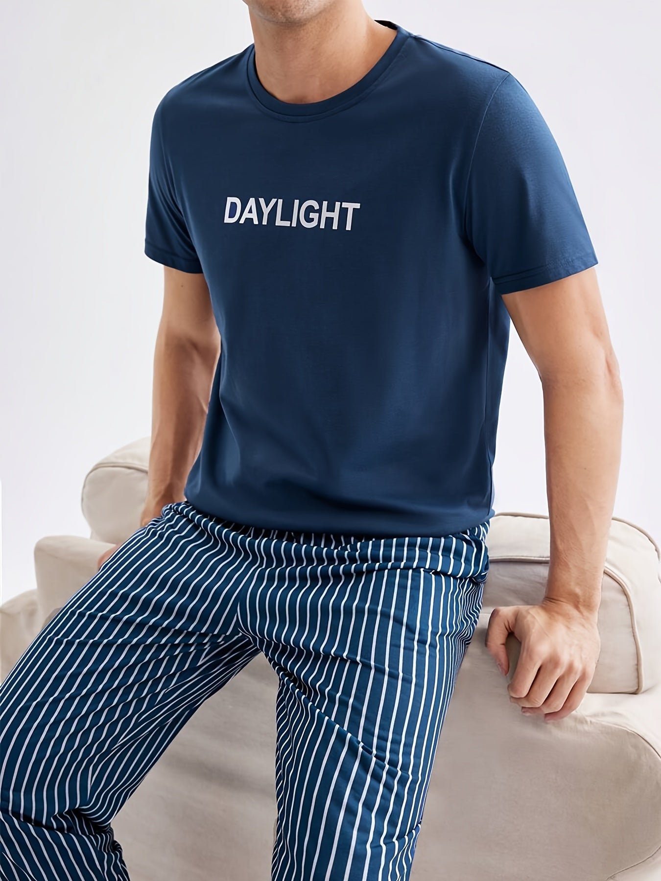 Men's Casual Short Sleeve Pajama Set with Striped Pants Made of Polyester Knit Fabric