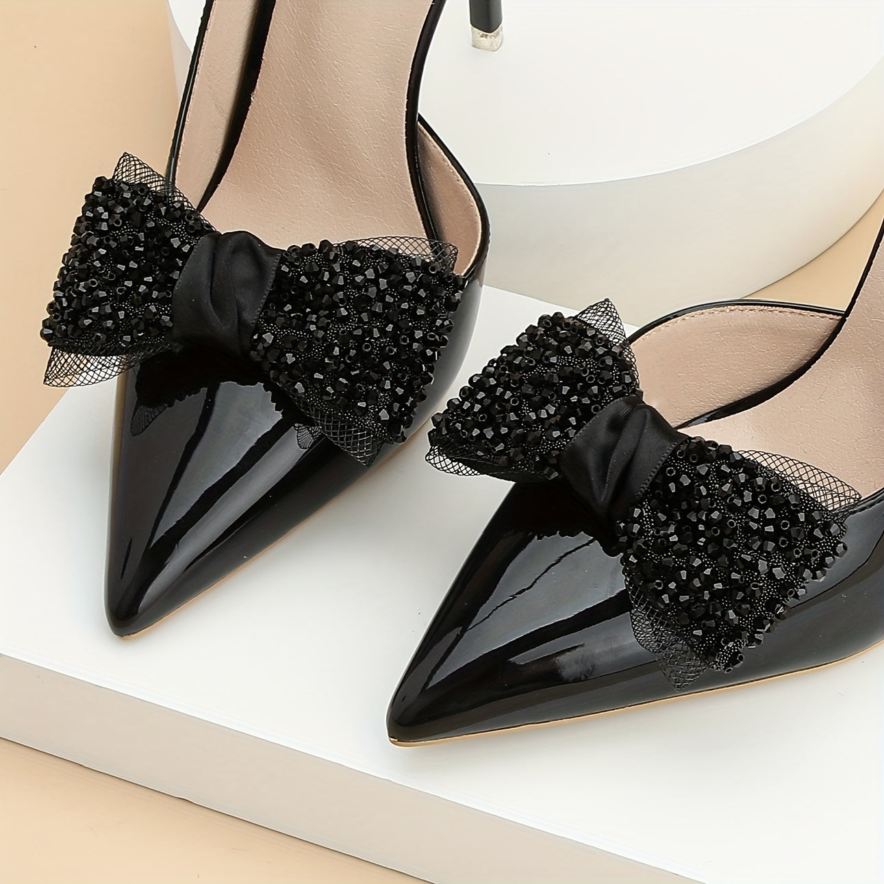 Black Bow Shoe Clips Pack Beaded Nylon Elastic Formal Accessories