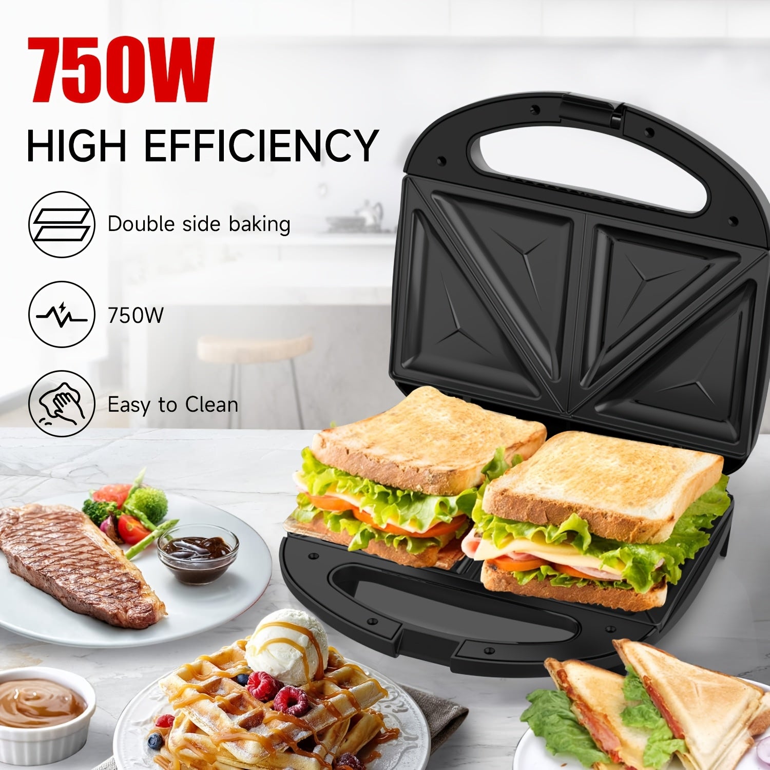 Электрический сэндвич-мейкер 750 Вт с антипригарным покрытием, двойное нагревание, компактный, гриль