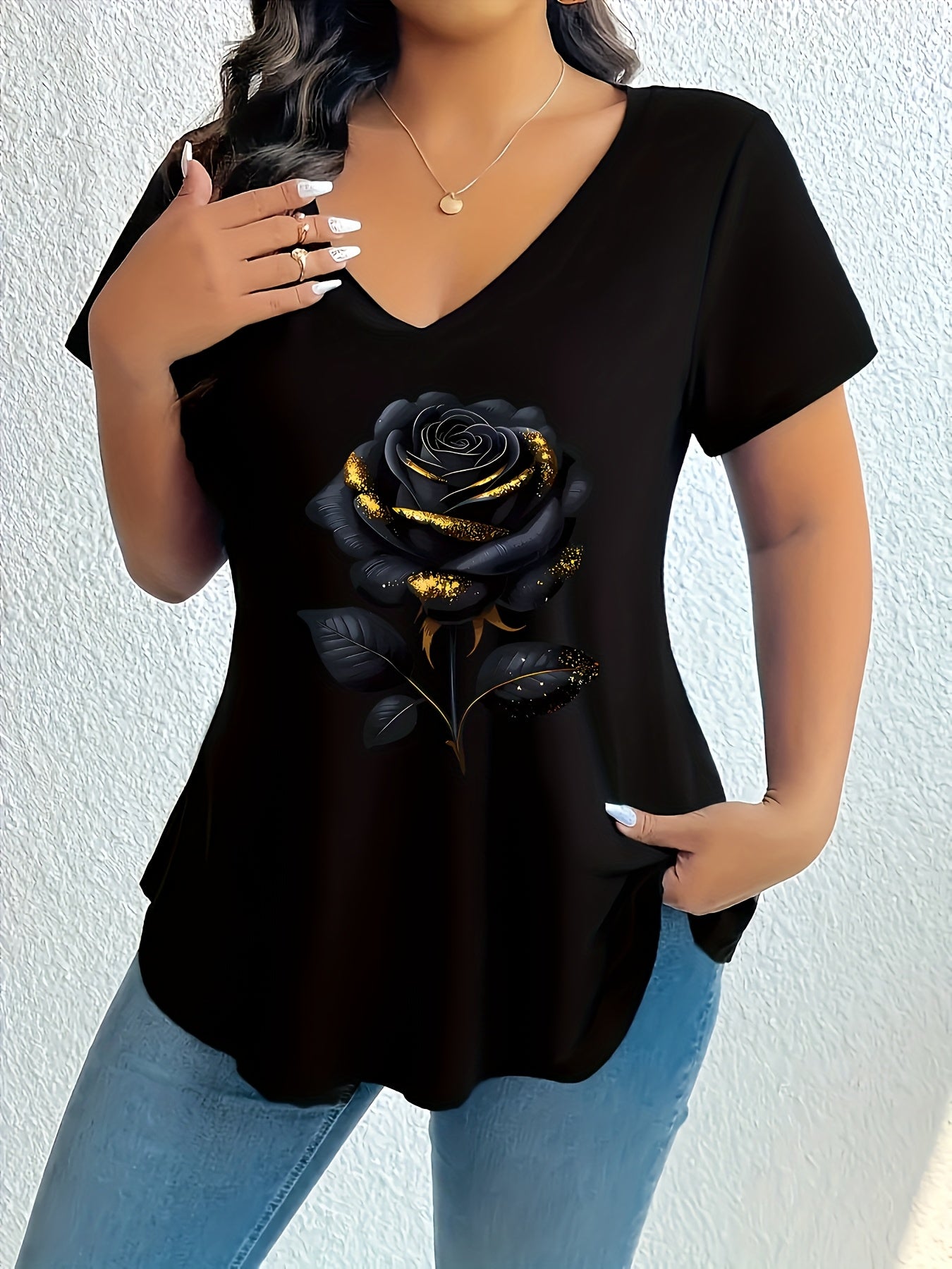 Plus Size Women's V-Neck T-Shirt with Gold Rose and Geometric Print Black Casual Short Sleeve