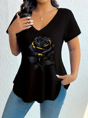 Plus Size Women's V-Neck T-Shirt with Gold Rose and Geometric Print Black Casual Short Sleeve