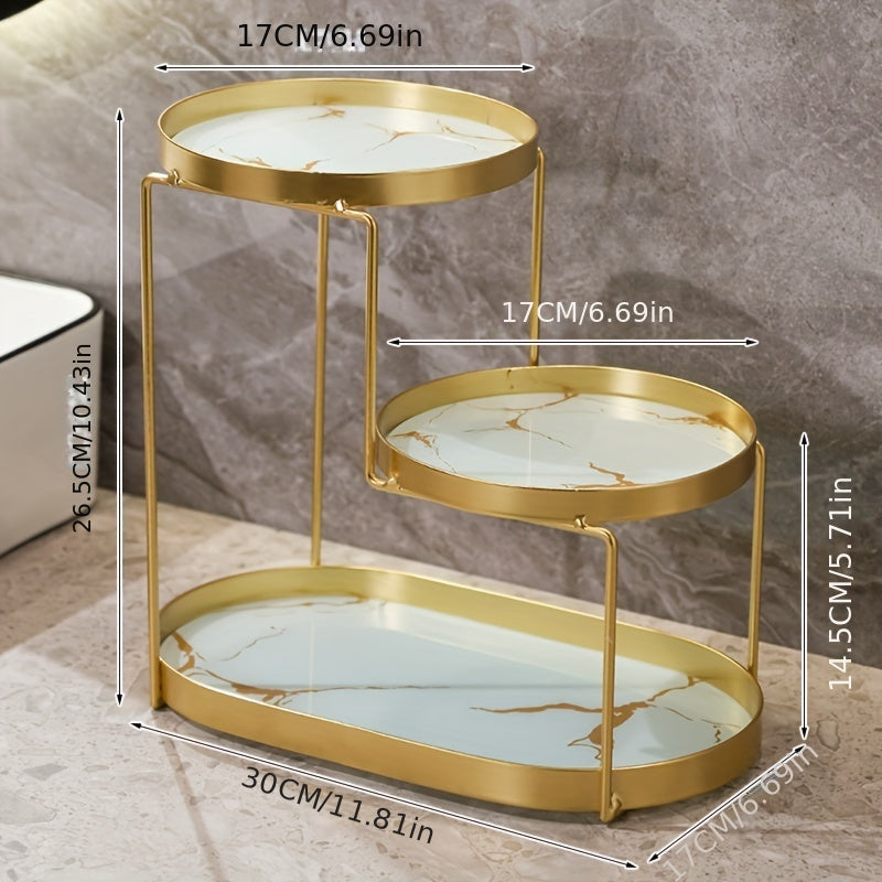 Golden Metal Cosmetic Organizer with 3 Tiers Marble Pattern Vanity Bathroom Storage